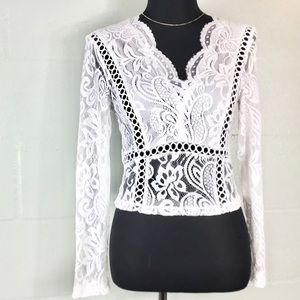 New Boho Lace Floral Backless Long Sleeve Top